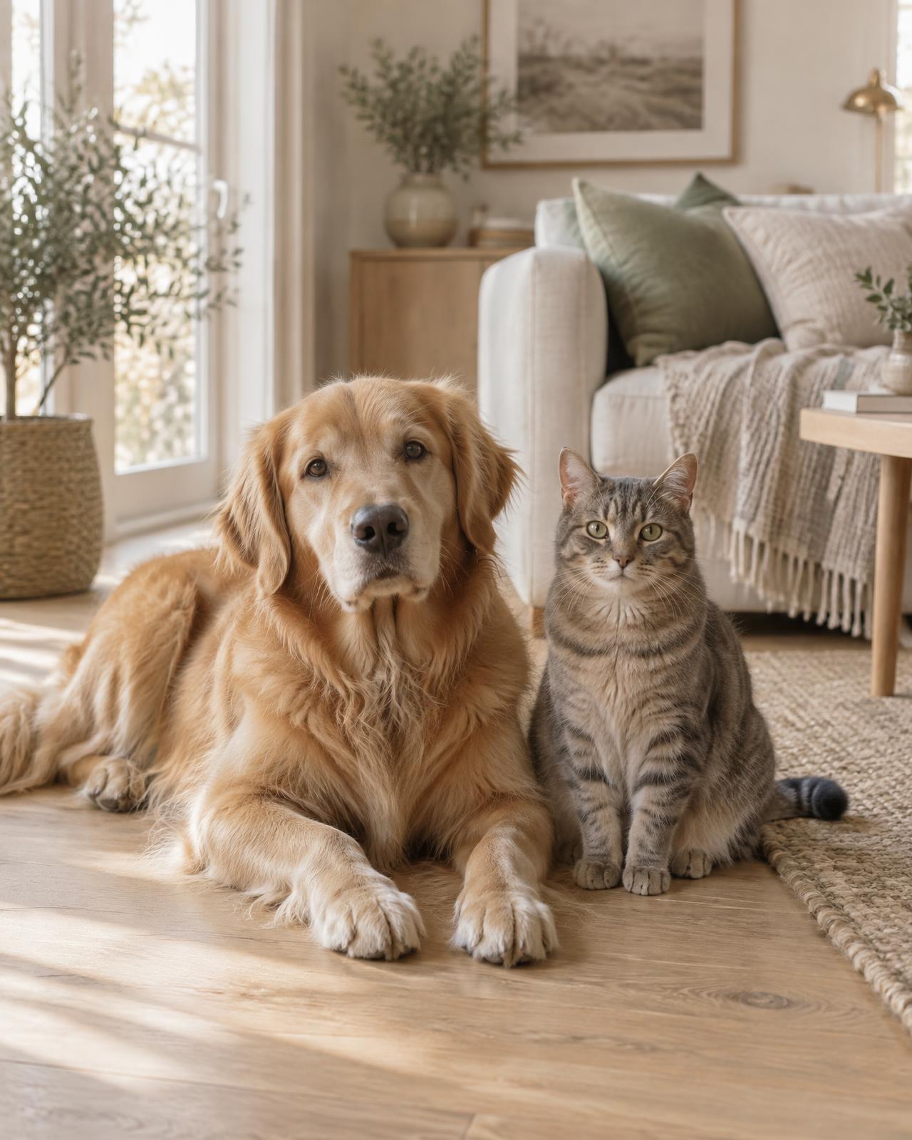 Ein Golden Retriever liegt neben einer getigerten Katze auf dem Holzboden eines hellen Wohnzimmers